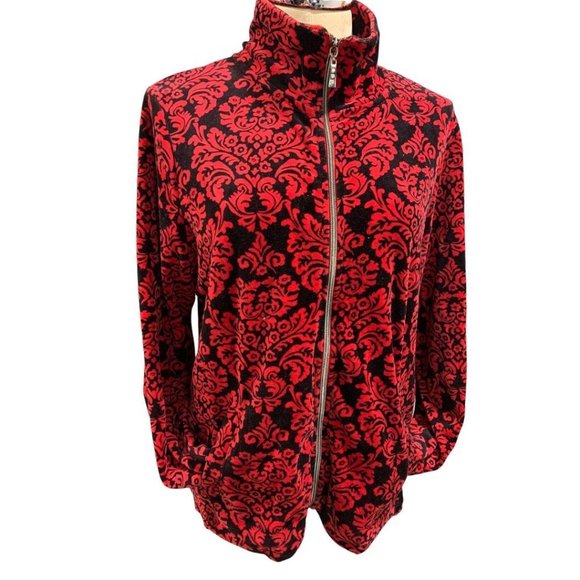 Large Onque Casuals New Women's Y2K Velour Zip Up Jacket Red Black Ornate Patter - Picture 1 of 7